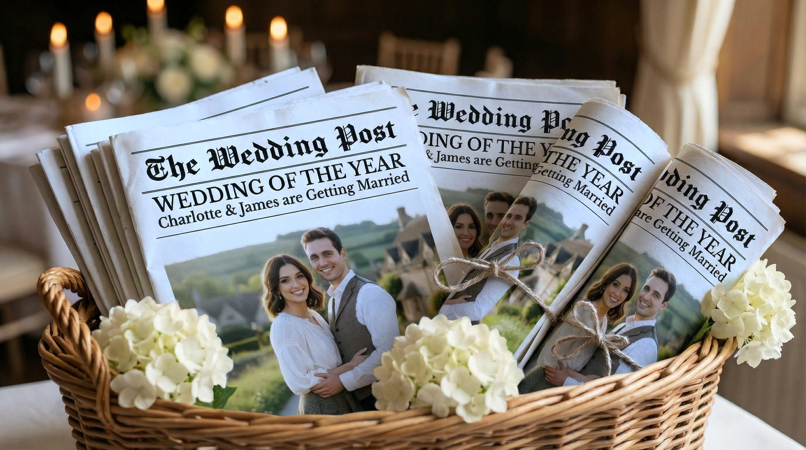 a basket of wedding newspapers ready for the ceremony